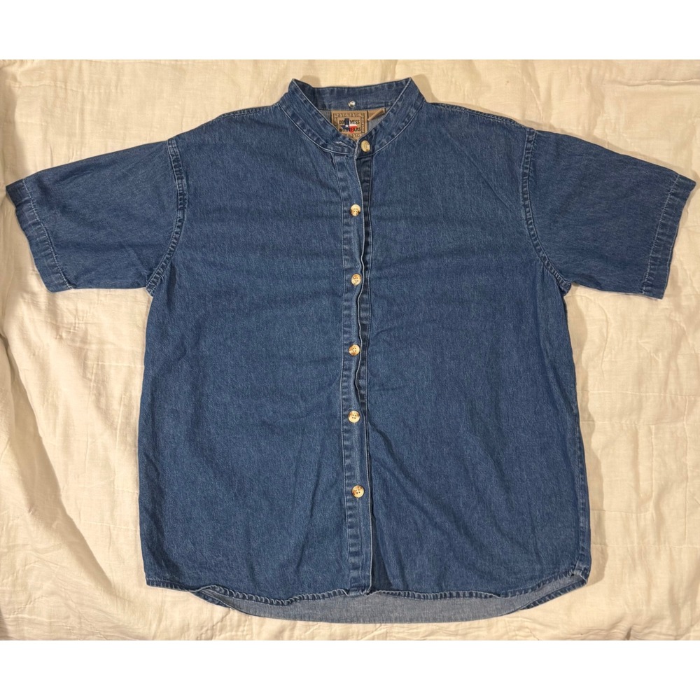 Don't Mess With Texas Mens XL Denim Shirt Banded Collar Short Sleeve Blue Cotton